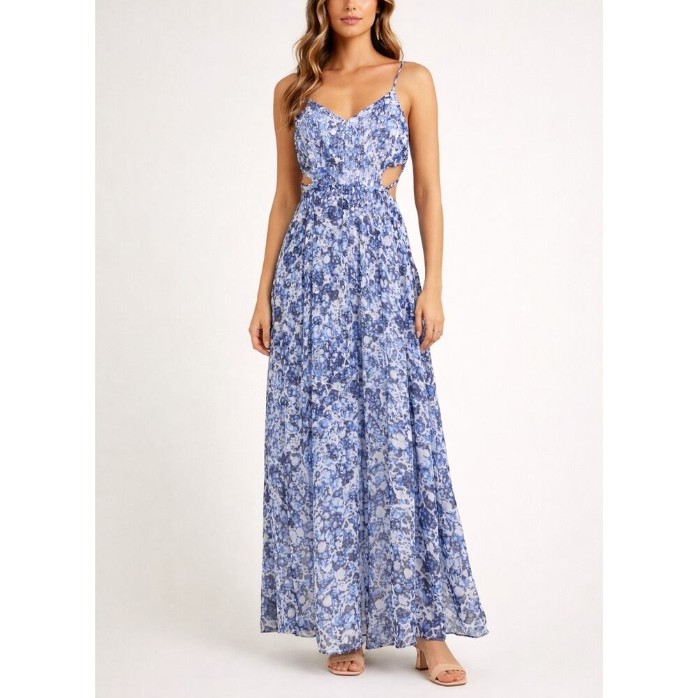 Express Blue Abstract Cut Out Maxi Dress XS Spaghetti Strap V Neck Summer
